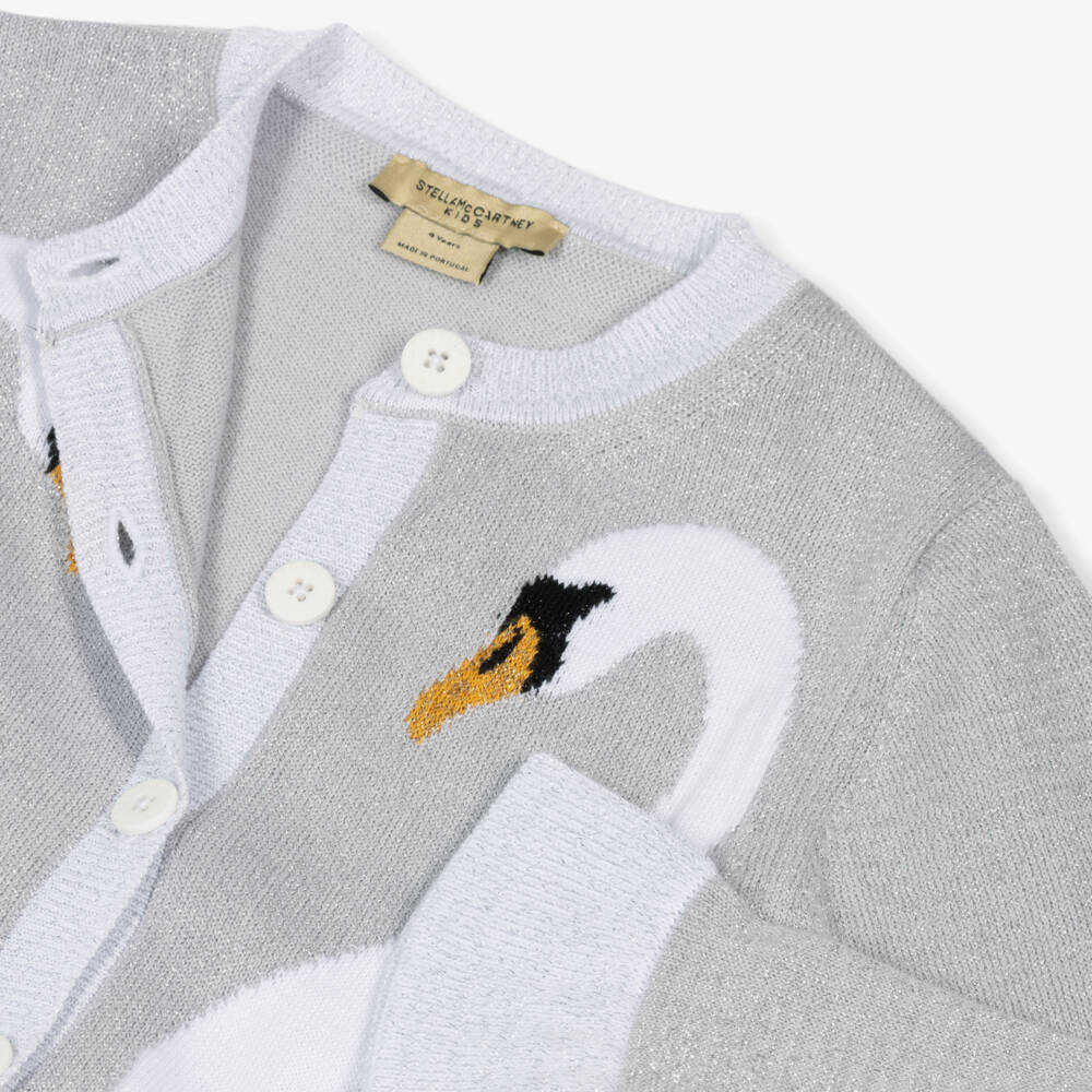Stella McCartney Kids-Girls Silver Knitted Cotton Cardigan with Swan Motifs | Childrensalon