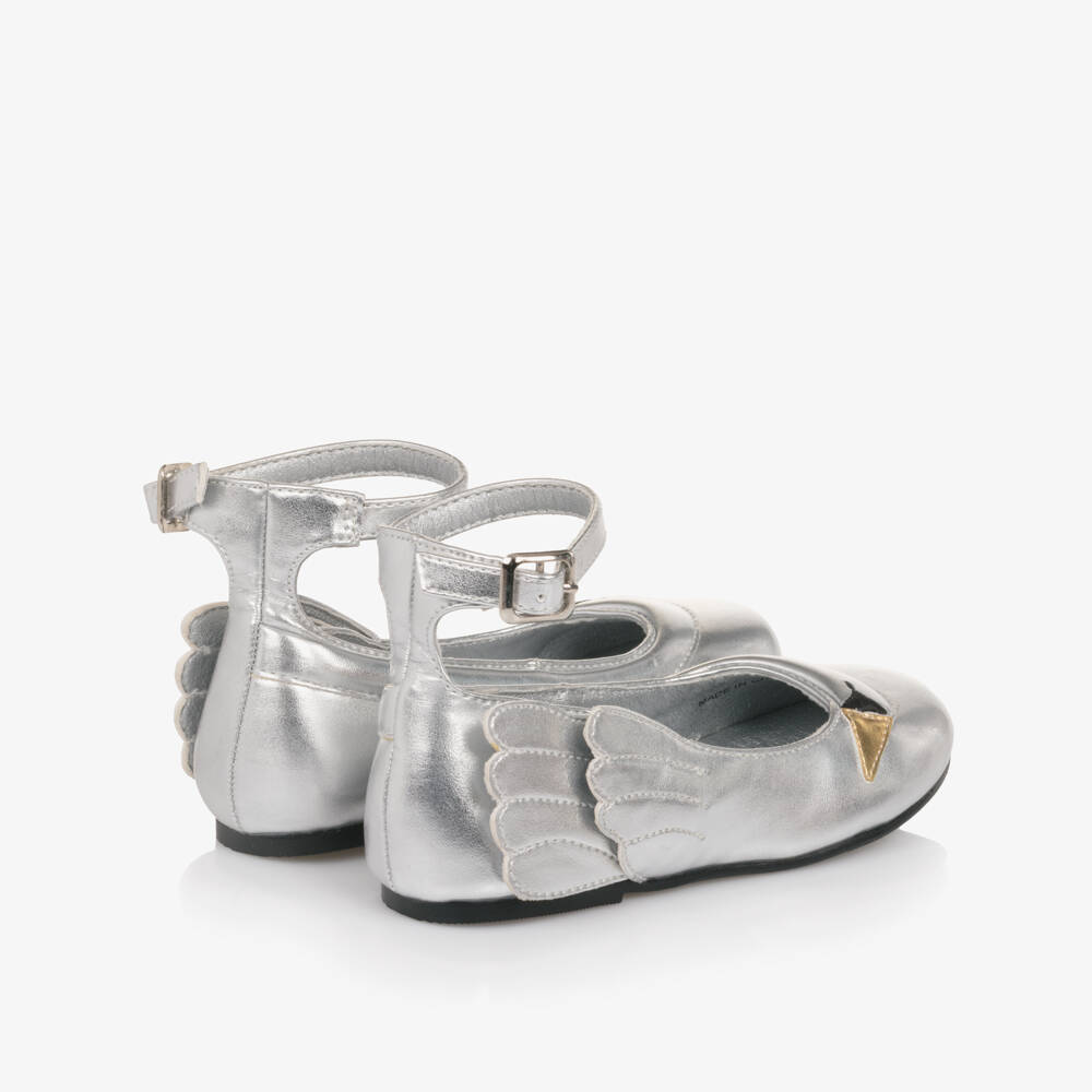 Stella McCartney Kids-Girls Silver Swan Faux Leather Ballerinas | Childrensalon