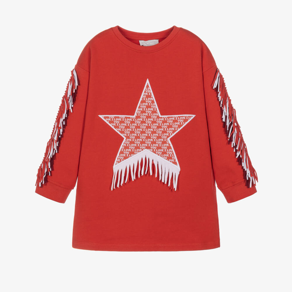 Stella McCartney Kids-Girls Tomato Red Jersey Dress with Fringing | Childrensalon