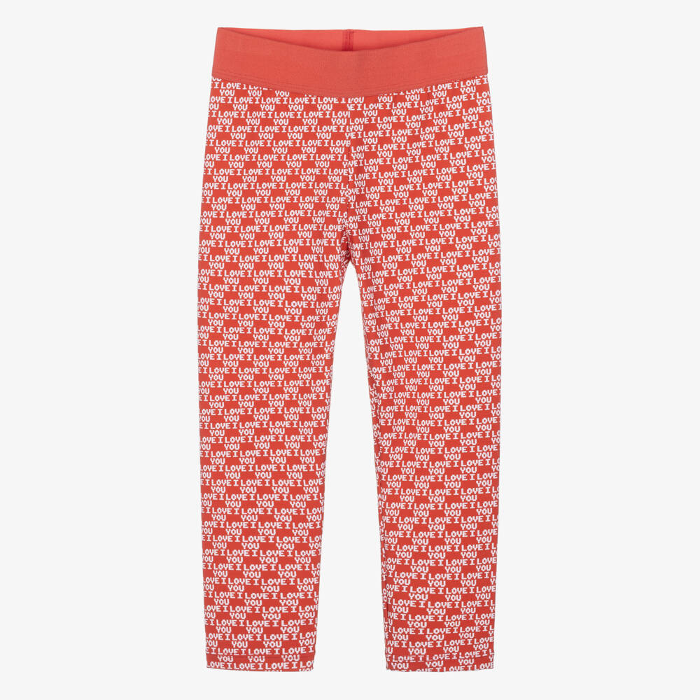 Stella McCartney Kids-Girls Tomato Red Leggings with Slogan Prints | Childrensalon