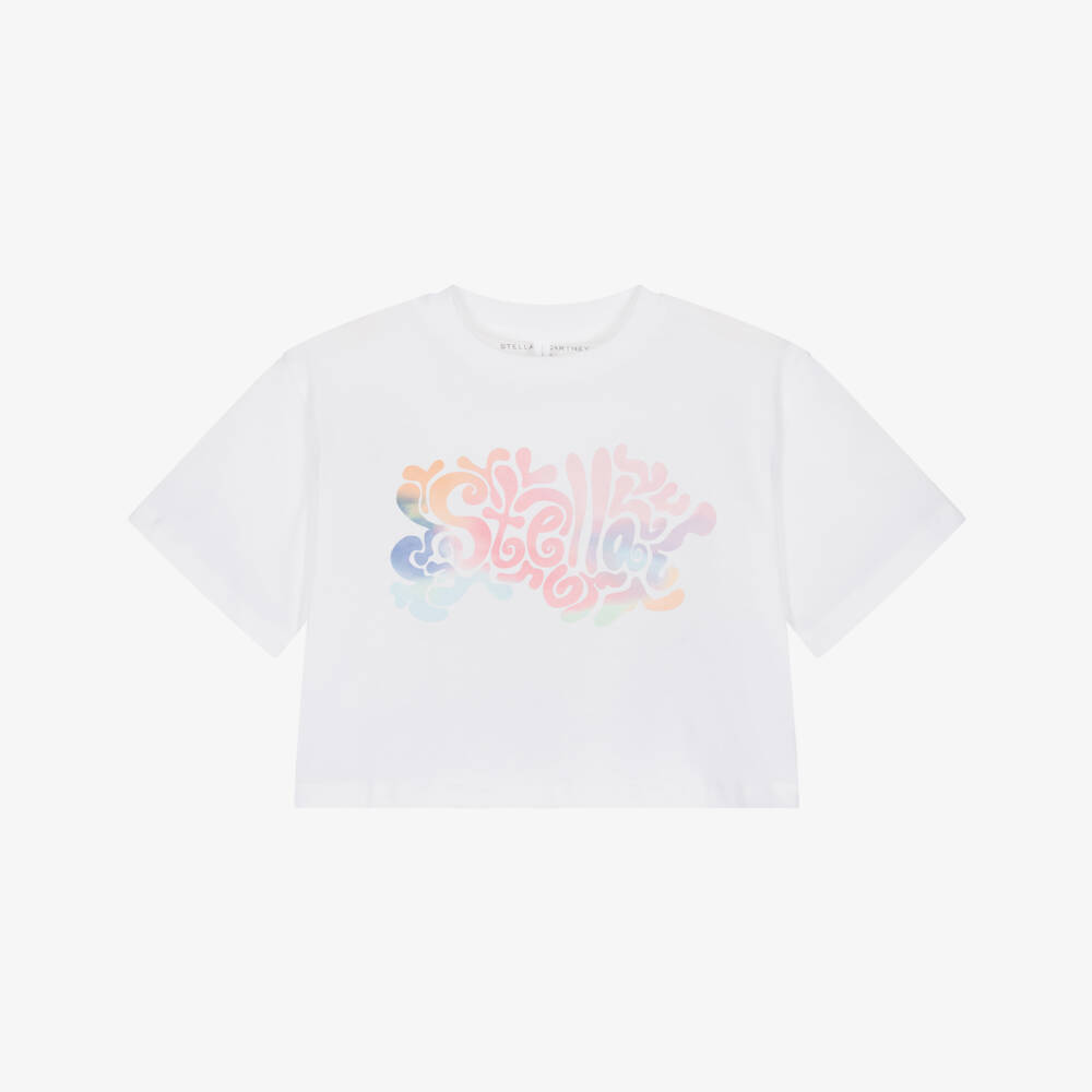 Stella McCartney Kids-Girls White Boxy Fit Cotton T-Shirt with Logo Print | Childrensalon