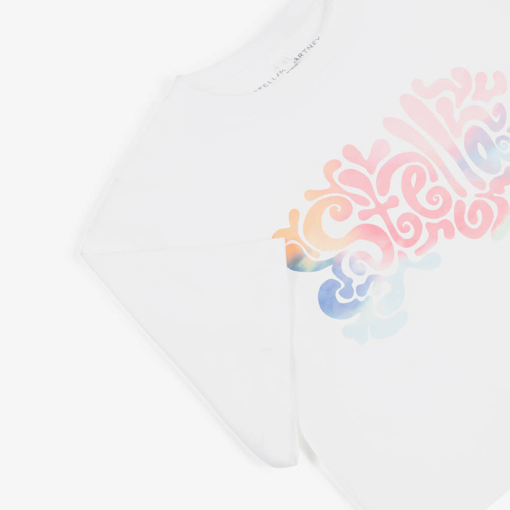 Stella McCartney Kids-Girls White Boxy Fit Cotton T-Shirt with Logo Print | Childrensalon