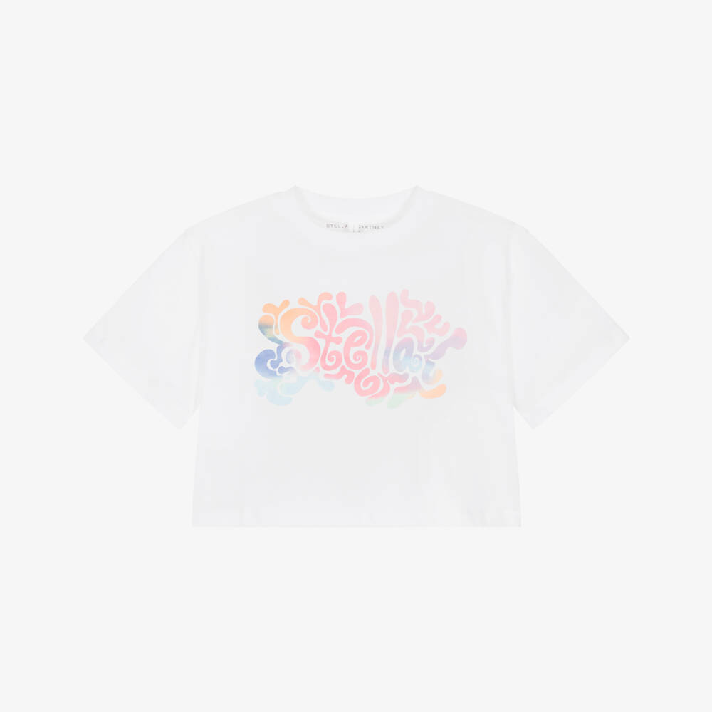 Stella McCartney Kids-Футболка белая свободная из хлопка с логотипом для девочек | Childrensalon