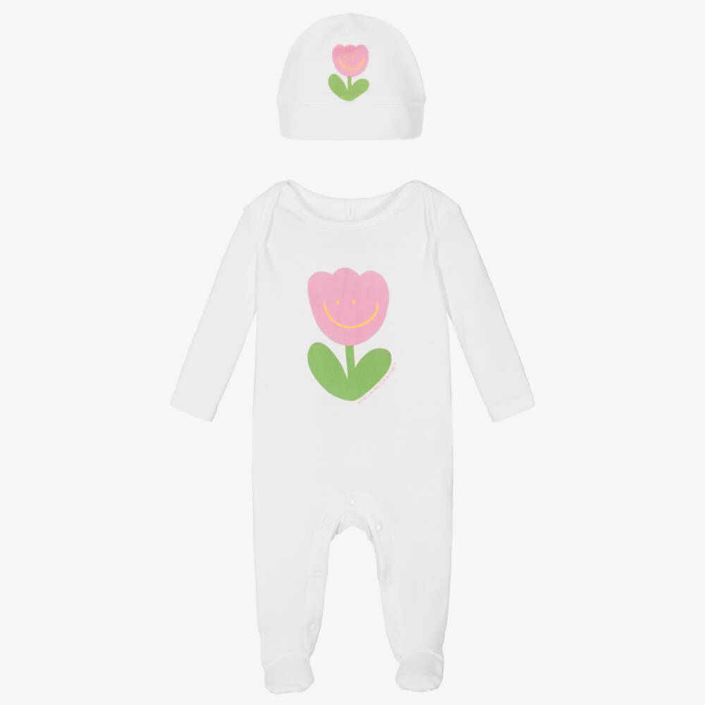 Stella McCartney Kids-Girls White Cotton Babysuit Set with Pink Tulip Motif | Childrensalon