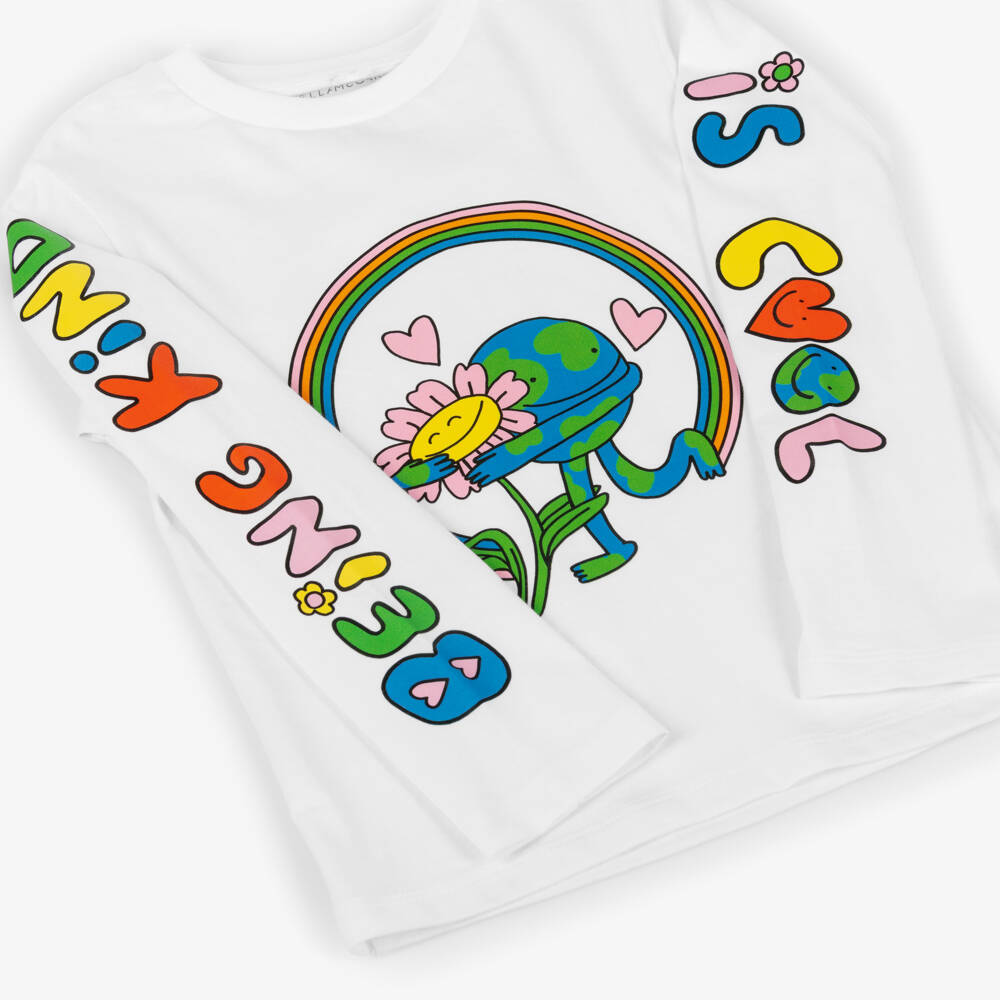 Stella McCartney Kids-Girls White Cotton Being Kind Is Cool Print Top | Childrensalon