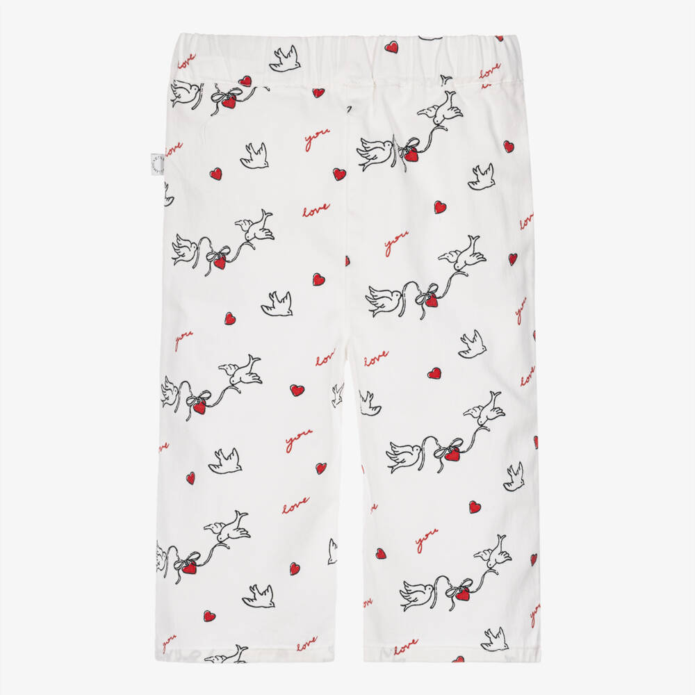 Stella McCartney Kids-Girls White Cotton Dove Print Wide Leg Trousers | Childrensalon
