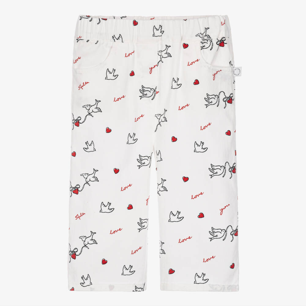 Stella McCartney Kids-Girls White Cotton Dove Print Wide Leg Trousers | Childrensalon