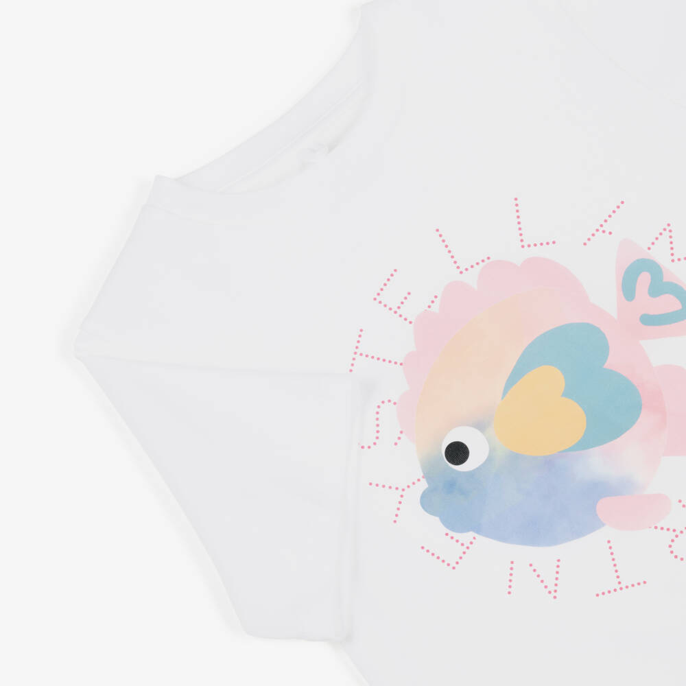 Stella McCartney Kids-Girls White Cotton Fish & Logo Print T-Shirt | Childrensalon