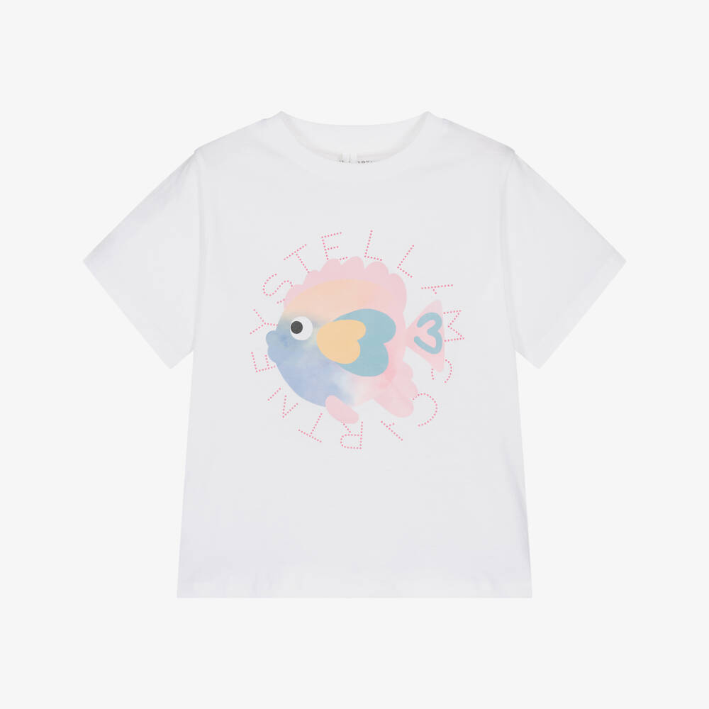 Stella McCartney Kids-Girls White Cotton Fish & Logo Print T-Shirt | Childrensalon
