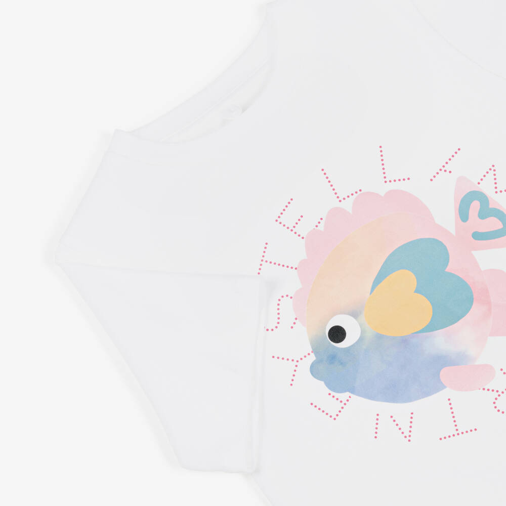 Stella McCartney Kids-Girls White Cotton Fish & Logo Print T-Shirt | Childrensalon