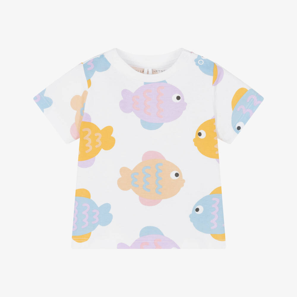 Stella McCartney Kids-Футболка белая хлопковая с принтом рыбок для девочек | Childrensalon