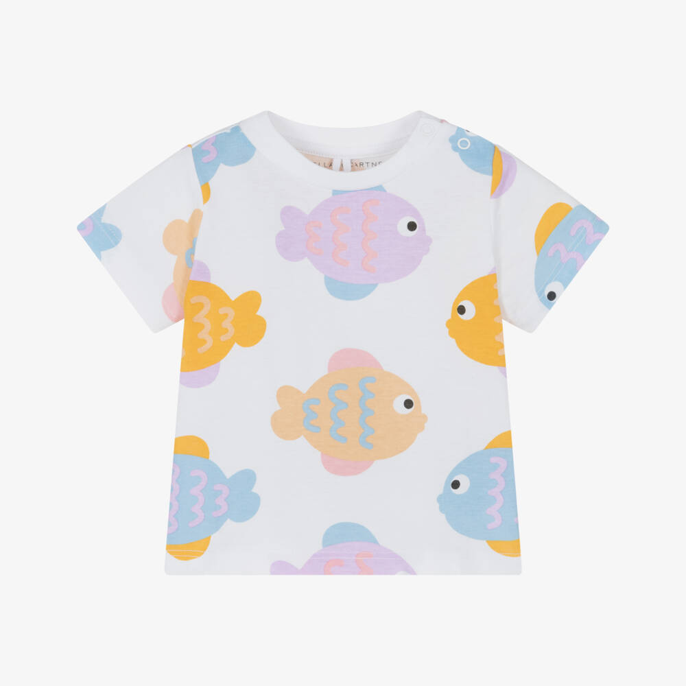 Stella McCartney Kids-Girls White Cotton Fish Print T-Shirt | Childrensalon