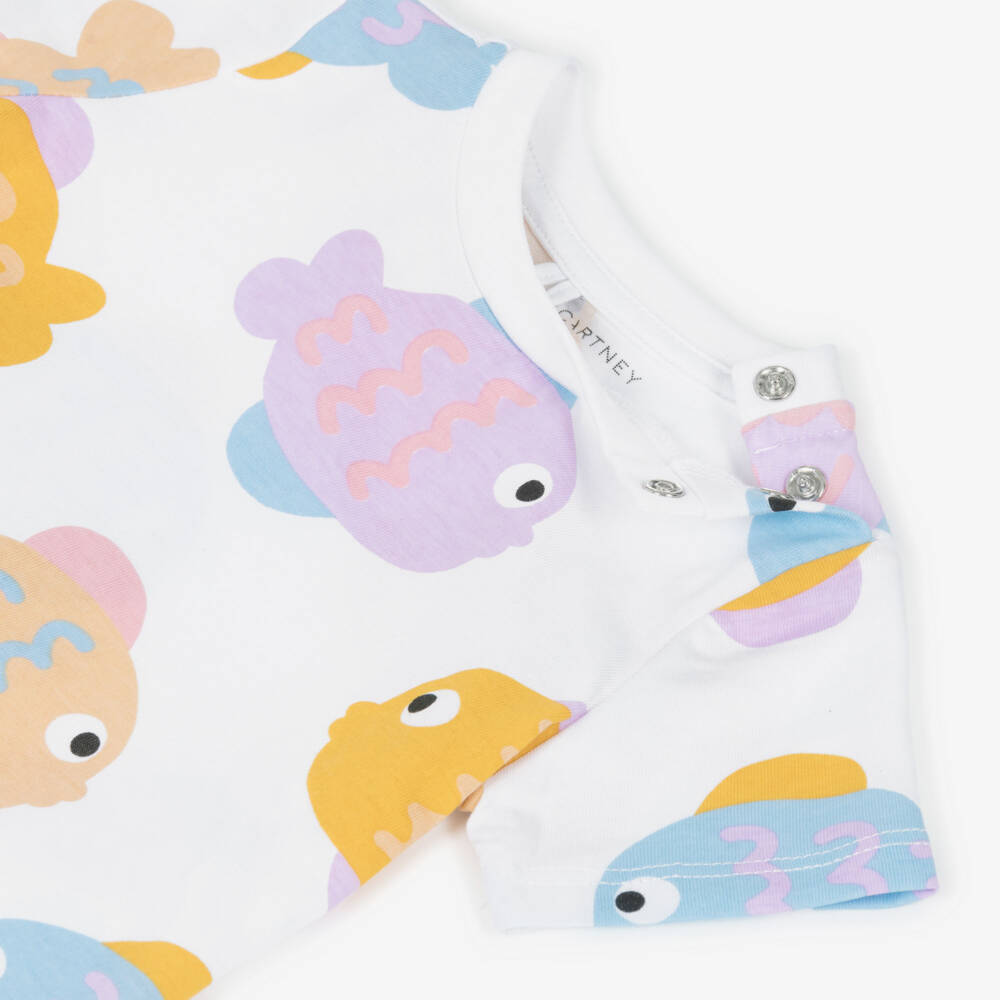 Stella McCartney Kids-تيشيرت بطبعة أسماك قطن لون أبيض للبنات | Childrensalon