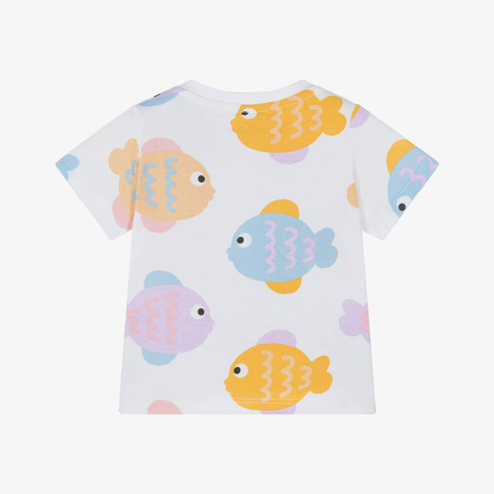 Stella McCartney Kids-Girls White Cotton Fish Print T-Shirt | Childrensalon