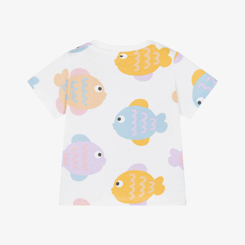 Stella McCartney Kids-تيشيرت بطبعة أسماك قطن لون أبيض للبنات | Childrensalon
