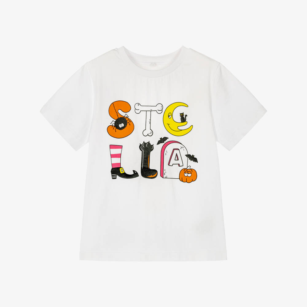 Stella McCartney Kids-Girls White Cotton Halloween Logo T-Shirt | Childrensalon