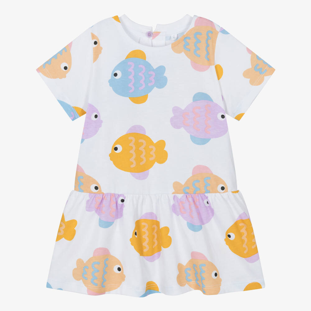 Stella McCartney Kids-Girls White Cotton Jersey Dress with Colourful Fish Print | Childrensalon