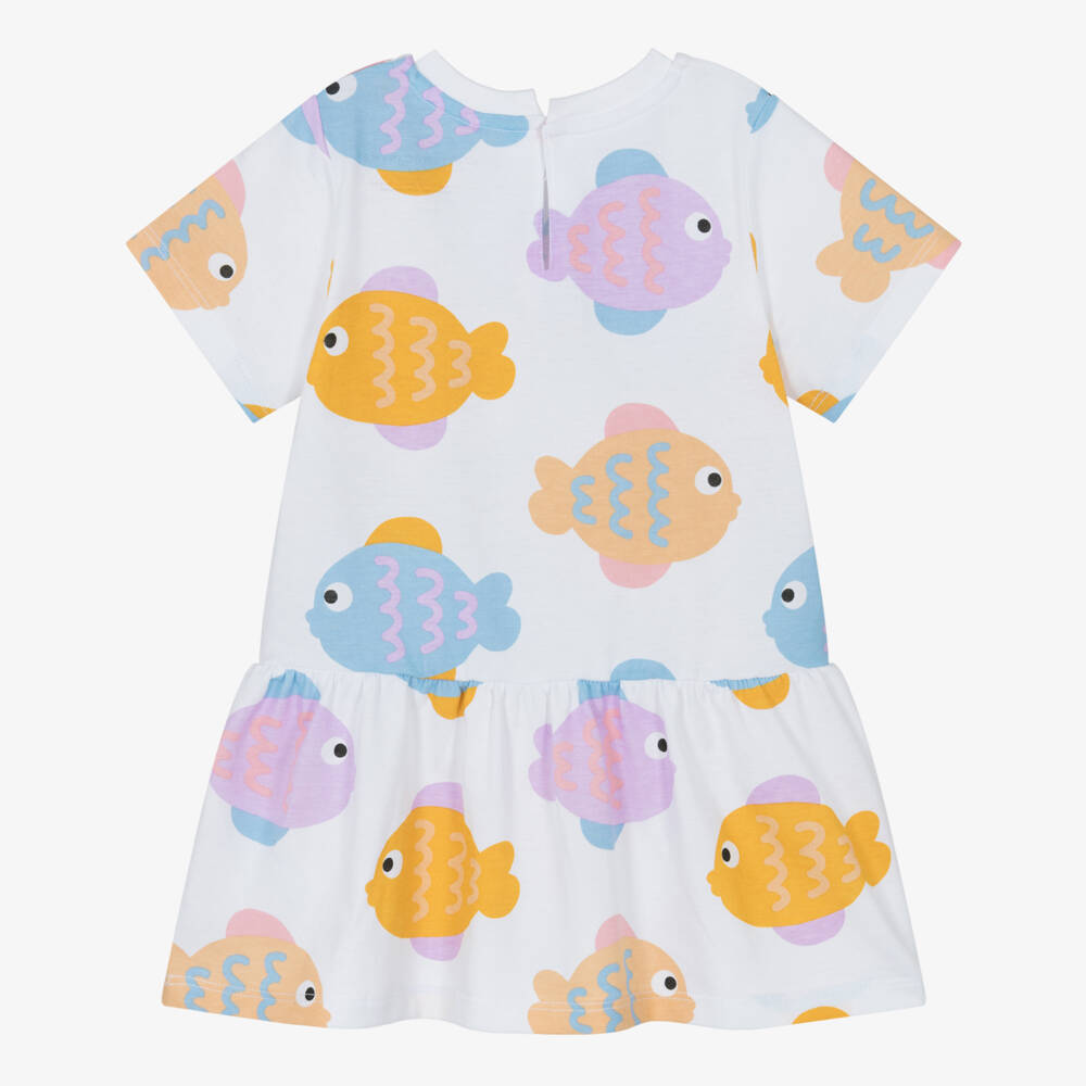 Stella McCartney Kids-Girls White Cotton Jersey Dress with Colourful Fish Print | Childrensalon