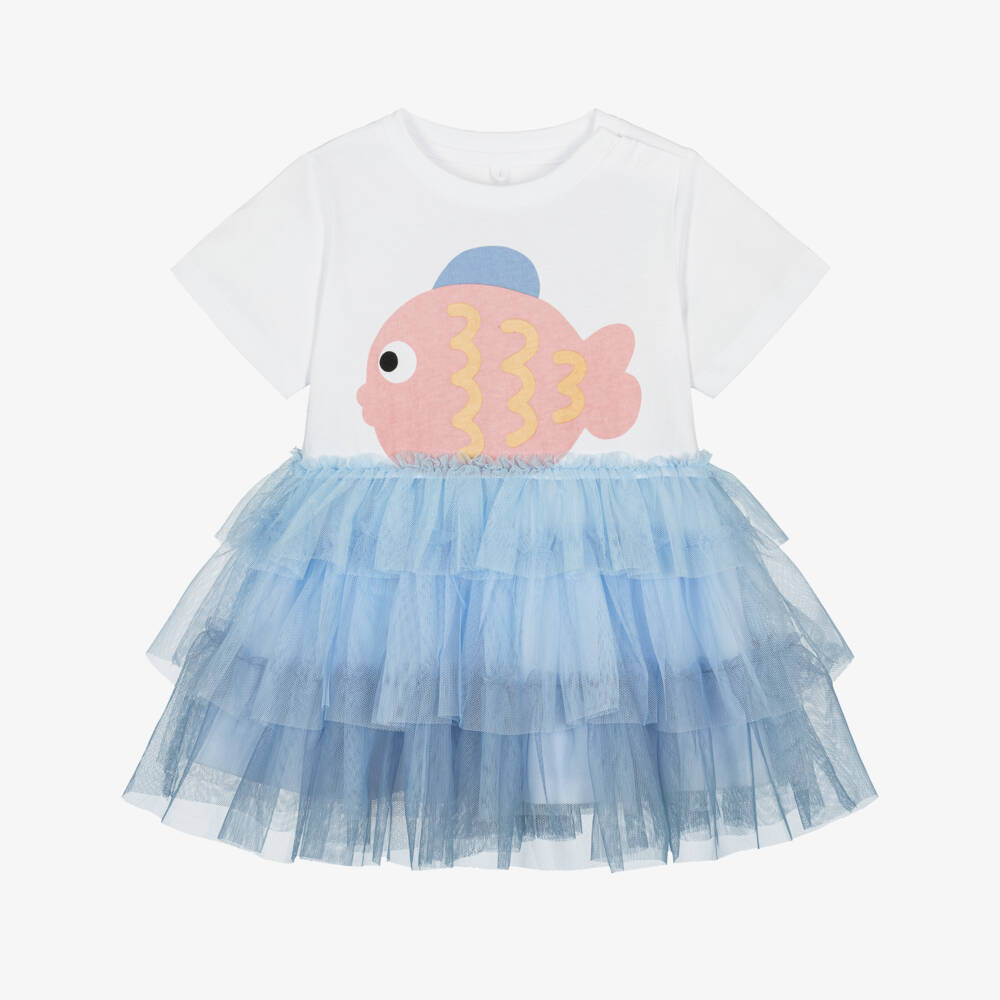 Stella McCartney Kids-Girls White Cotton Jersey & Ruffled Blue Tulle Dress | Childrensalon