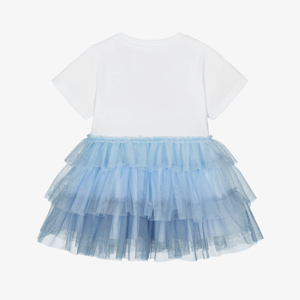 Stella McCartney Kids-Girls White Cotton Jersey & Ruffled Blue Tulle Dress | Childrensalon