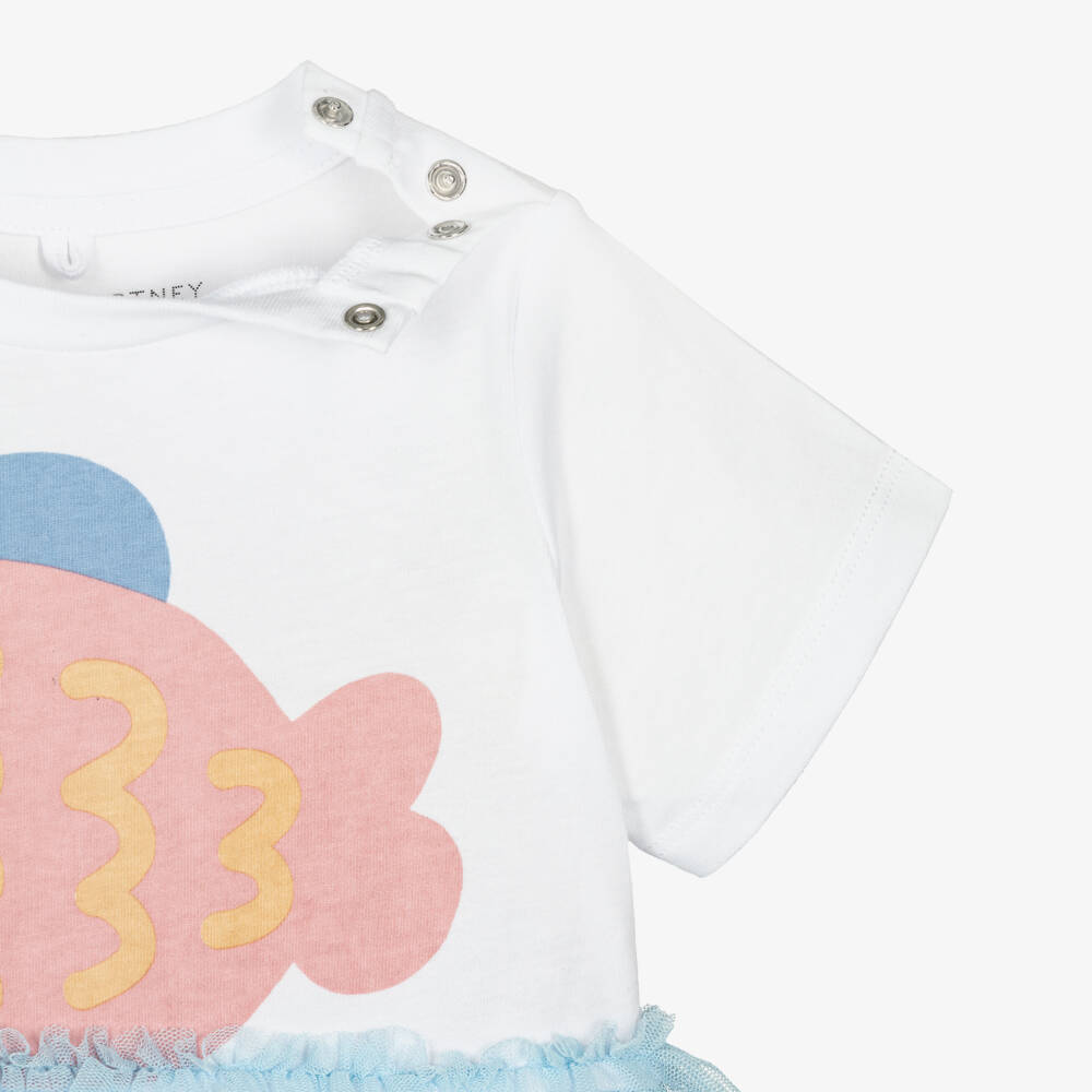 Stella McCartney Kids-Girls White Cotton Jersey & Ruffled Blue Tulle Dress | Childrensalon