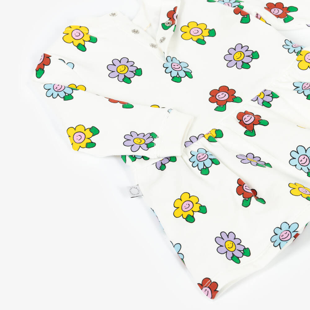 Stella McCartney Kids-Girls White Cotton Jersey Smiling Flowers Dress | Childrensalon