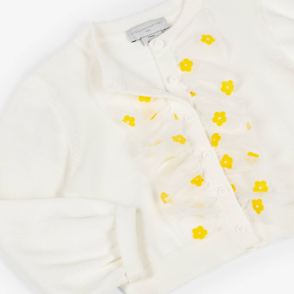 Stella McCartney Kids-Girls White Cotton Knit & Tulle Flower Trim Cardigan | Childrensalon