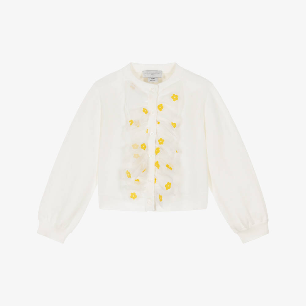 Stella McCartney Kids-Girls White Cotton Knit & Tulle Flower Trim Cardigan | Childrensalon