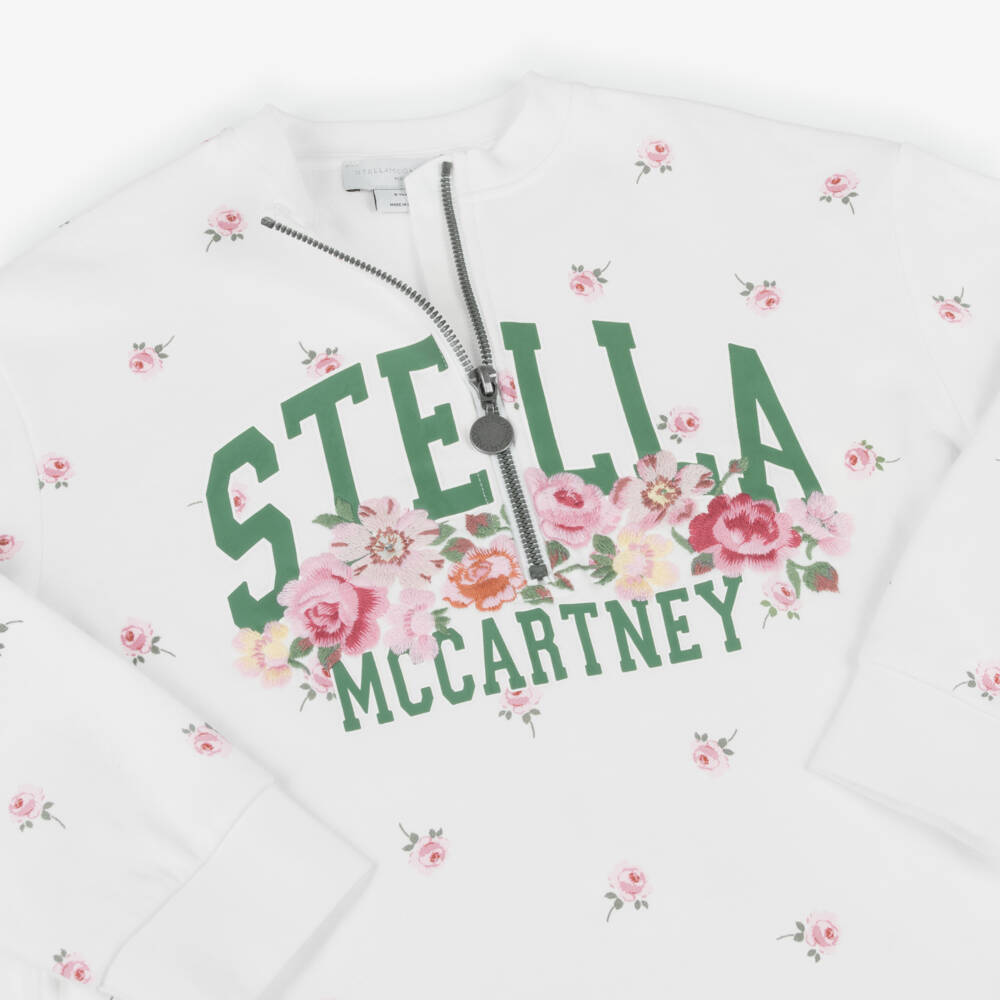 Stella McCartney Kids-Girls White Cotton Logo Sweatshirt Dress with Pink Roses | Childrensalon