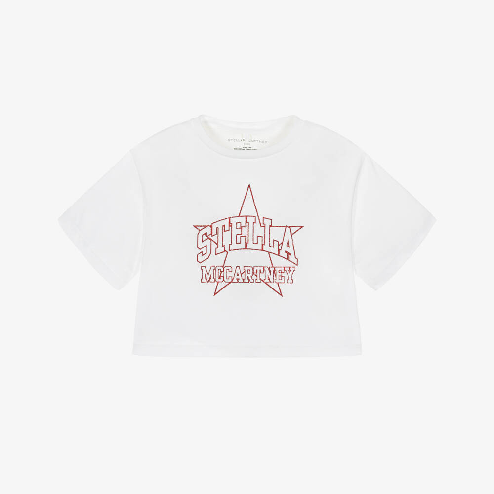 Stella McCartney Kids-Girls White Cotton Star Print Logo T-Shirt | Childrensalon