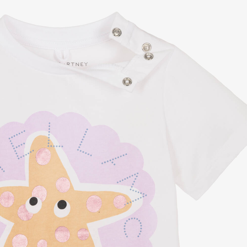 Stella McCartney Kids-Girls White Cotton Starfish & Circular Logo T-Shirt | Childrensalon