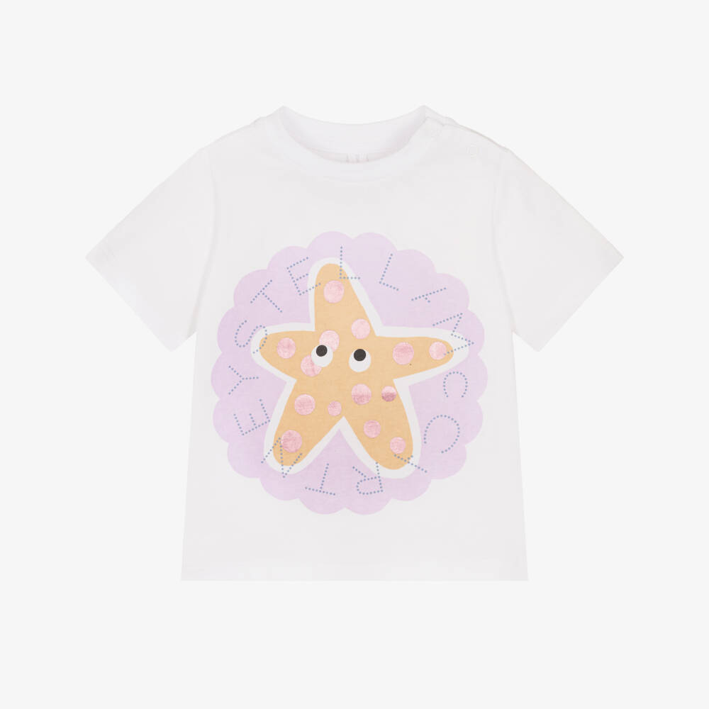 Stella McCartney Kids-Girls White Cotton Starfish & Circular Logo T-Shirt | Childrensalon
