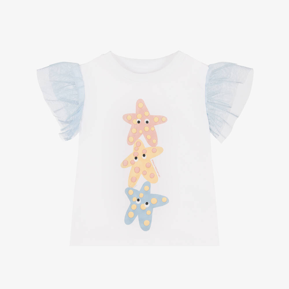 Stella McCartney Kids-Girls White Cotton Starfish T-Shirt with Tulle Sleeves | Childrensalon