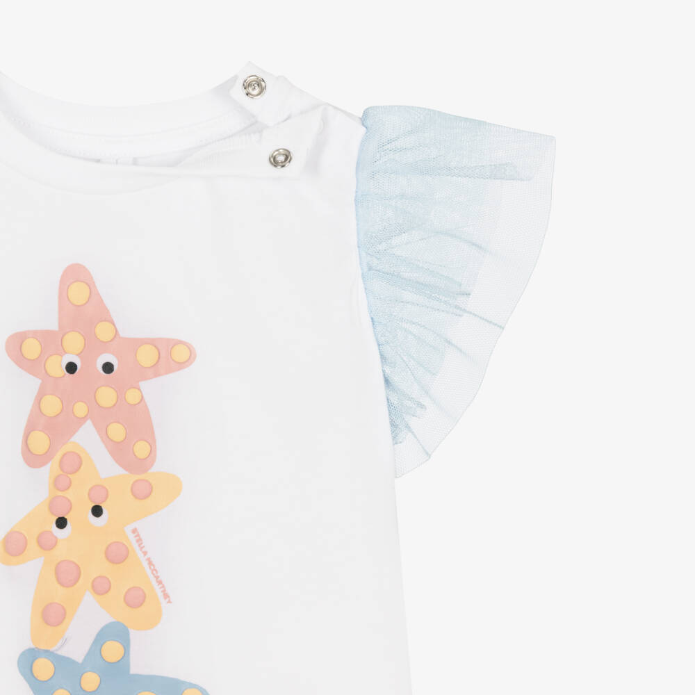 Stella McCartney Kids-Girls White Cotton Starfish T-Shirt with Tulle Sleeves | Childrensalon