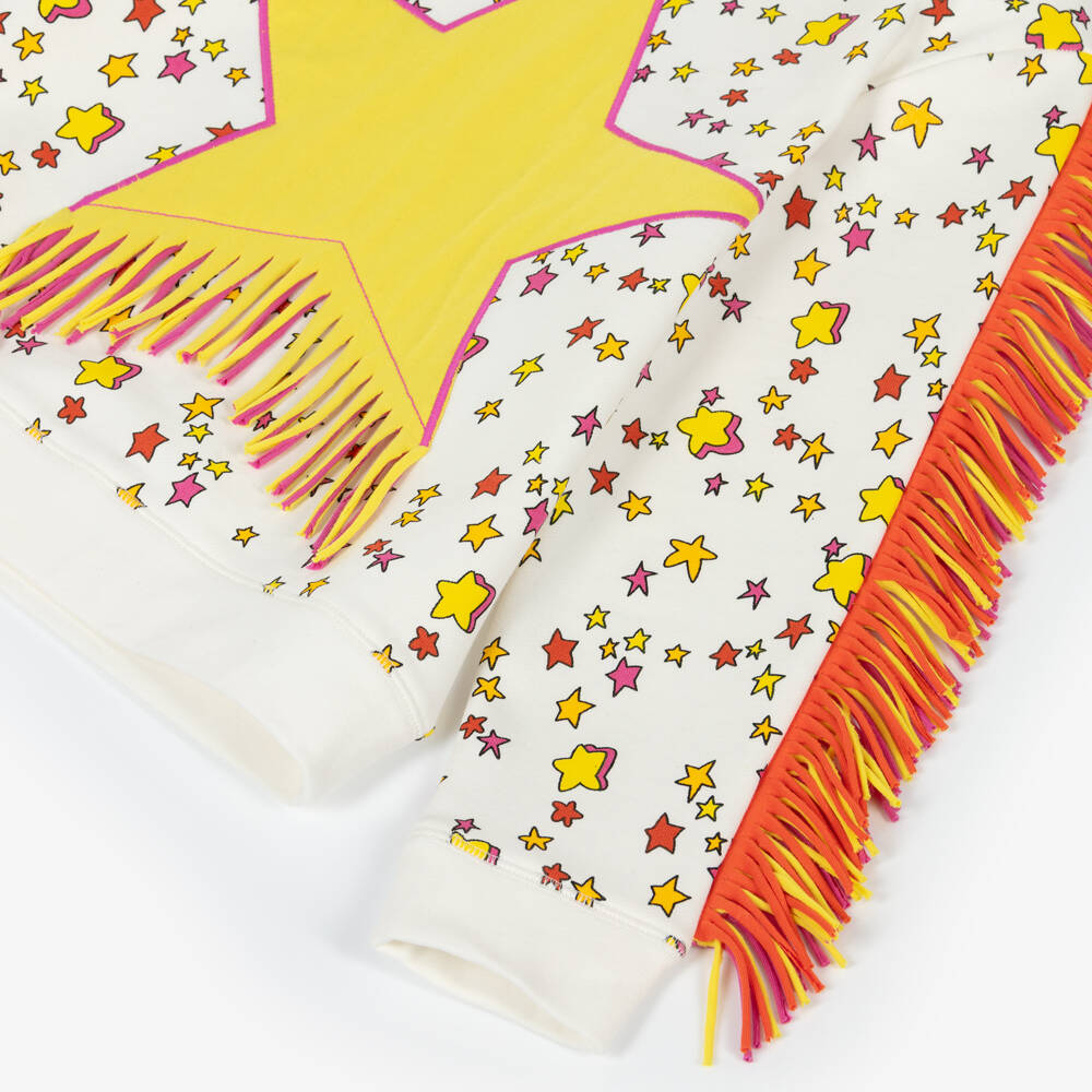 Stella McCartney Kids-Girls White Cotton Sweatshirt with Yellow Star & Fringing | Childrensalon