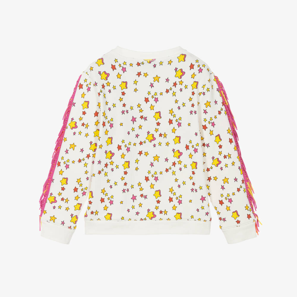 Stella McCartney Kids-Girls White Cotton Sweatshirt with Yellow Star & Fringing | Childrensalon