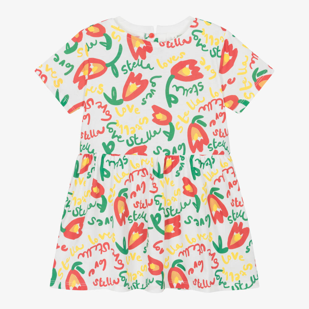 Stella McCartney Kids-Girls White Cotton T-Shirt Dress with Tulip & Logo Print | Childrensalon