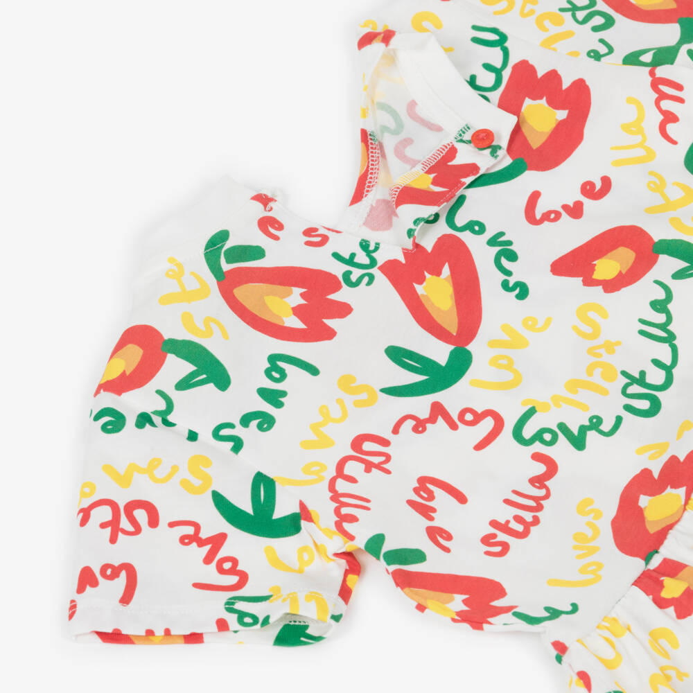 Stella McCartney Kids-Girls White Cotton T-Shirt Dress with Tulip & Logo Print | Childrensalon