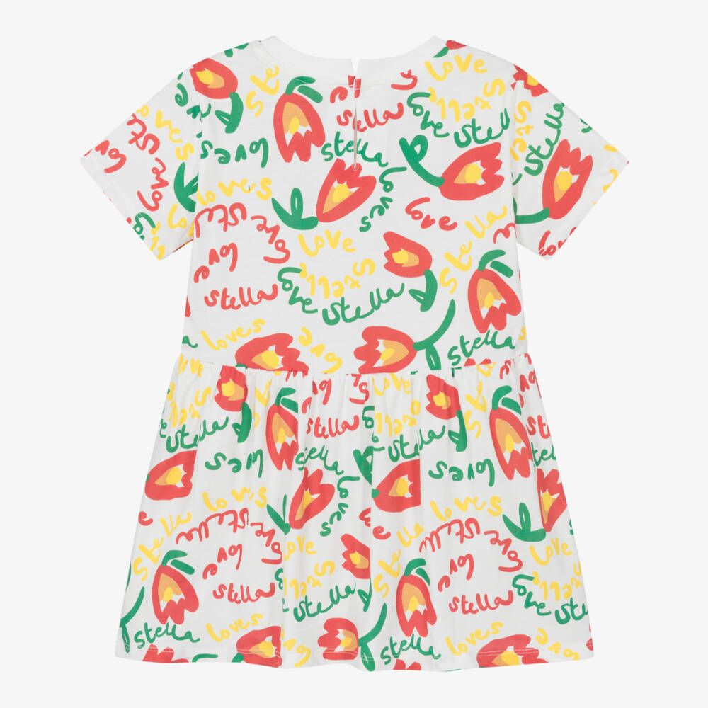 Stella McCartney Kids-Girls White Cotton T-Shirt Dress with Tulip & Logo Print | Childrensalon