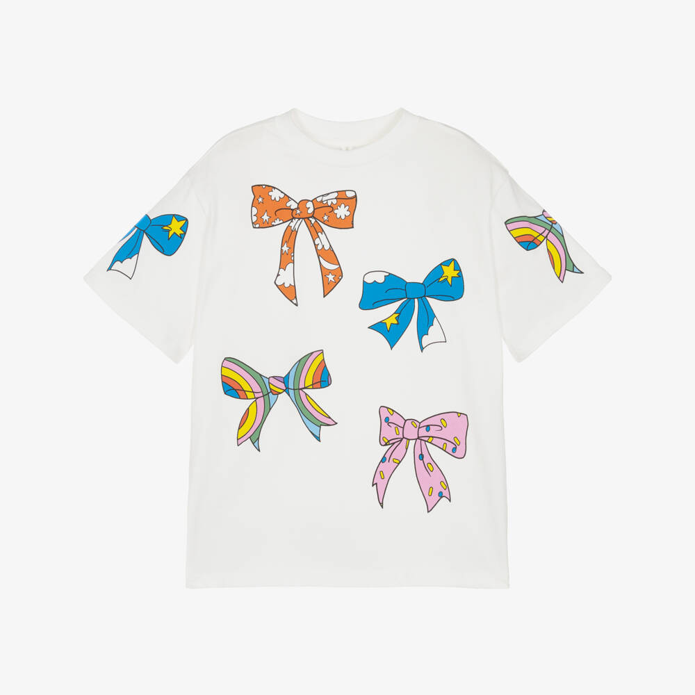 Stella McCartney Kids-Girls White Cotton T-Shirt with Colourful Bow Print | Childrensalon