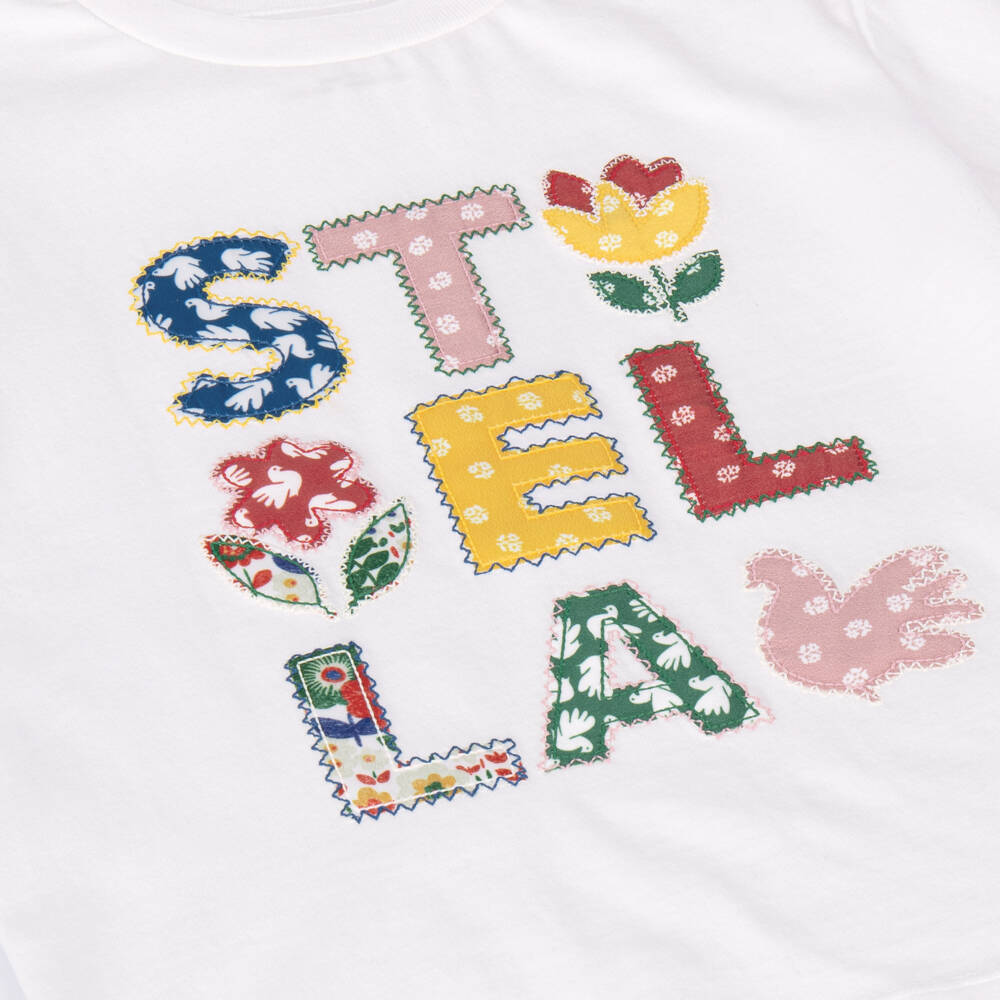 Stella McCartney Kids-Girls White Cotton T-Shirt with Colourful Logo | Childrensalon