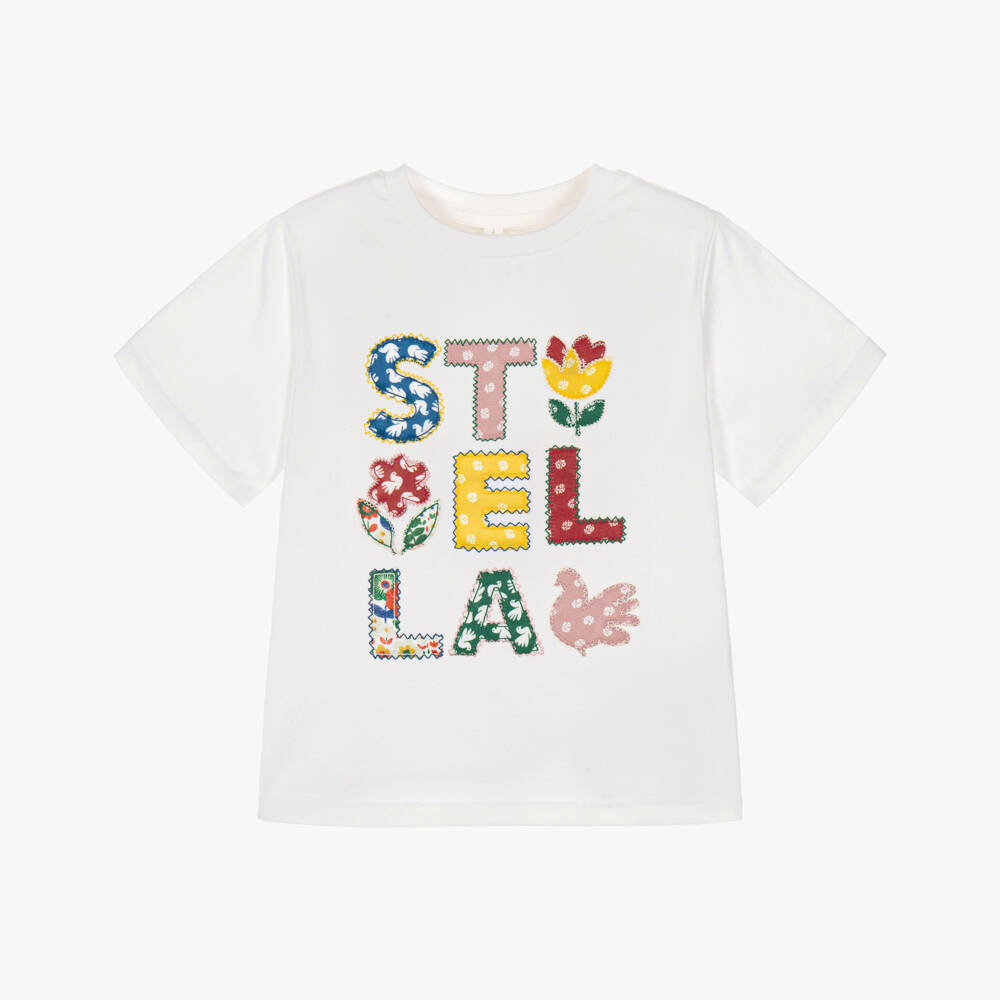Stella McCartney Kids-Girls White Cotton T-Shirt with Colourful Logo | Childrensalon