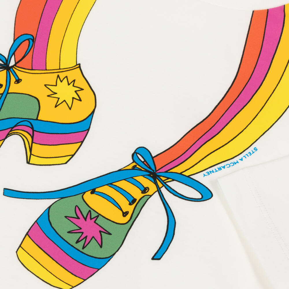 Stella McCartney Kids-Girls White Cotton T-Shirt with Colourful Shoe Print | Childrensalon