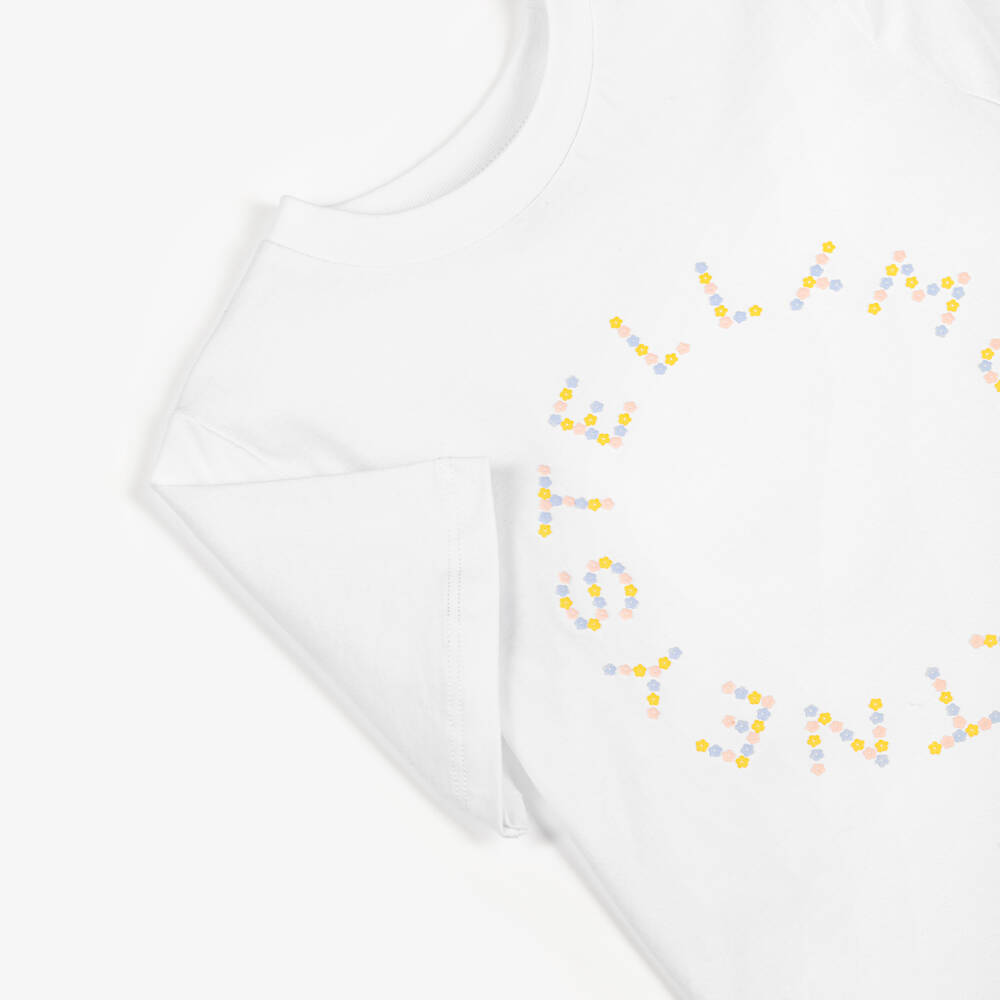 Stella McCartney Kids-Girls White Cotton T-Shirt with Embroidered Floral Logo | Childrensalon