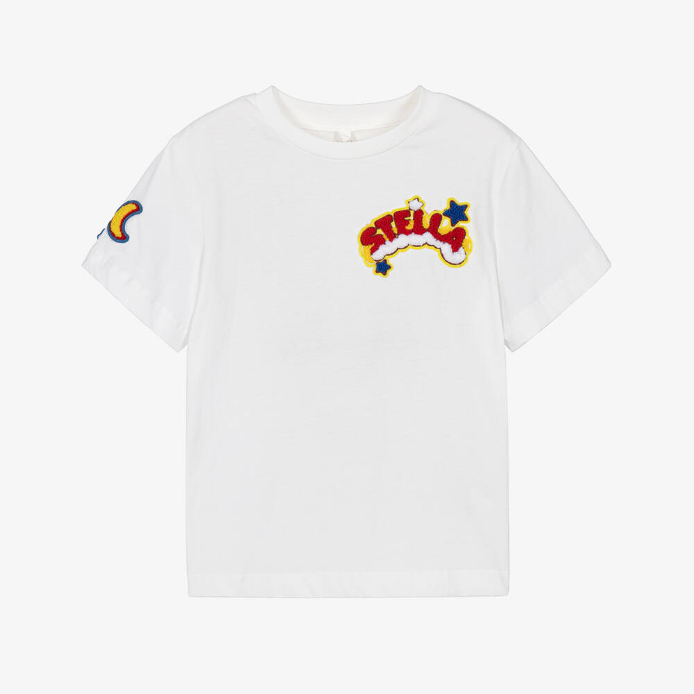 Stella McCartney Kids-Girls White Cotton T-Shirt with Fun Patches  | Childrensalon