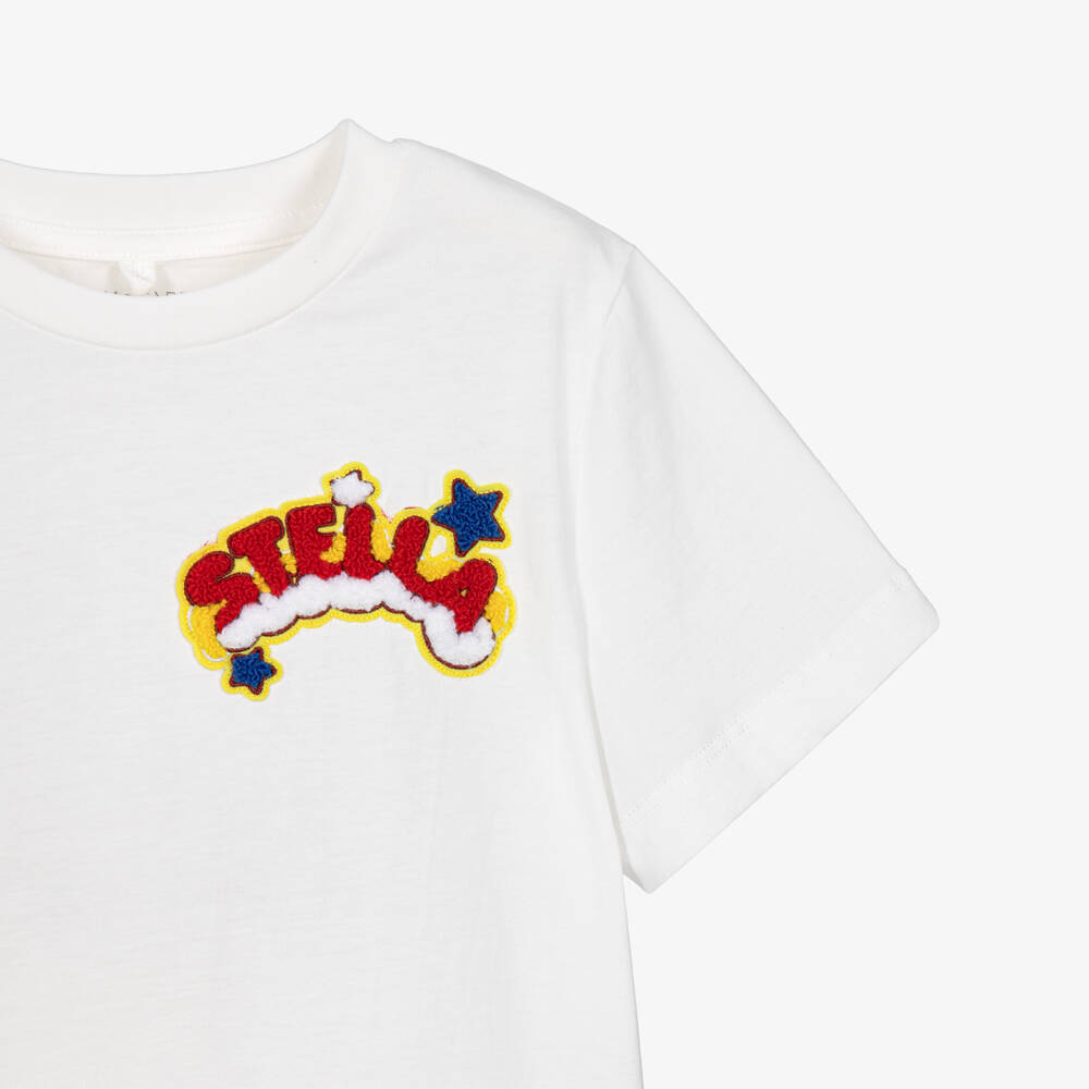 Stella McCartney Kids-Girls White Cotton T-Shirt with Fun Patches | Childrensalon