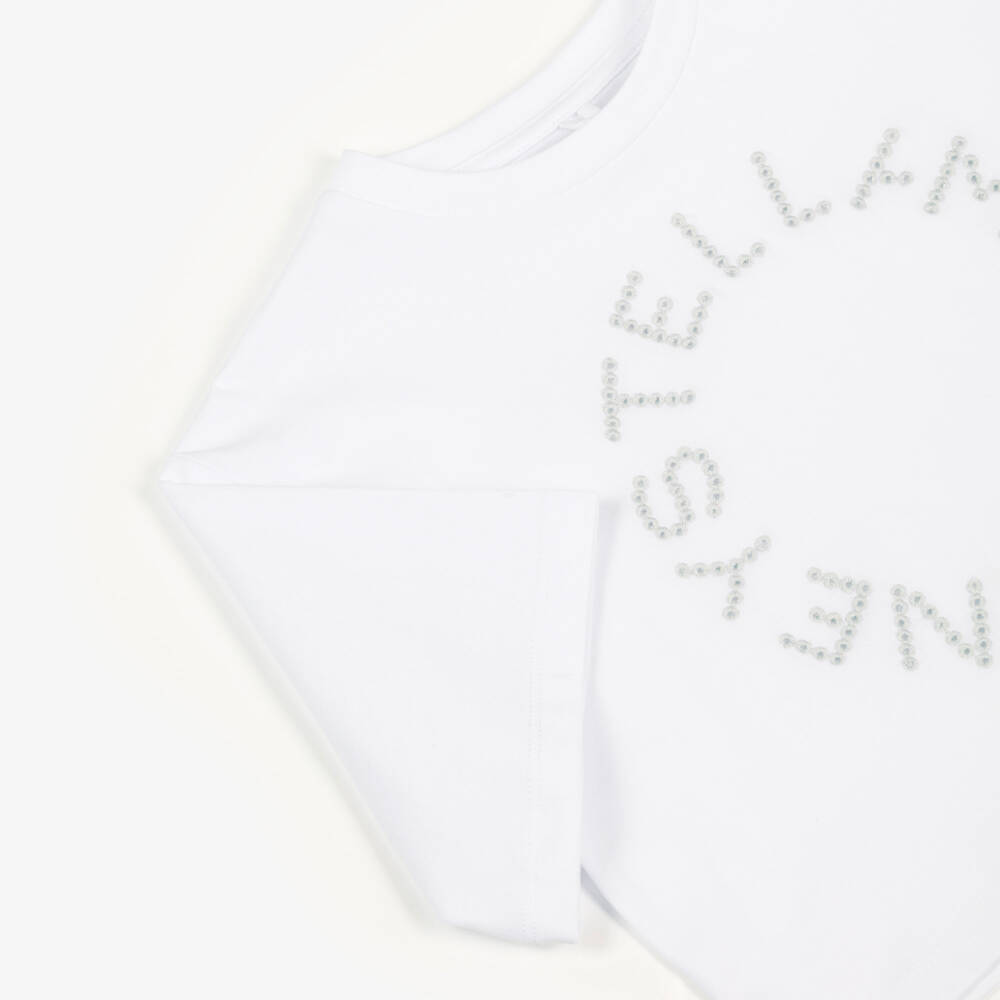 Stella McCartney Kids-Girls White Cotton T-Shirt with Logo Embroidery | Childrensalon