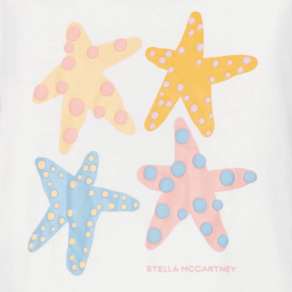 Stella McCartney Kids-Girls White Cotton T-Shirt with Pastel Starfish | Childrensalon