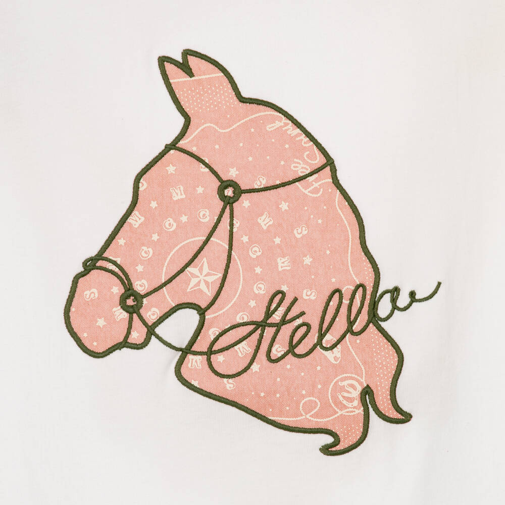 Stella McCartney Kids-Girls White Cotton T-Shirt with Pink Horse Motif | Childrensalon