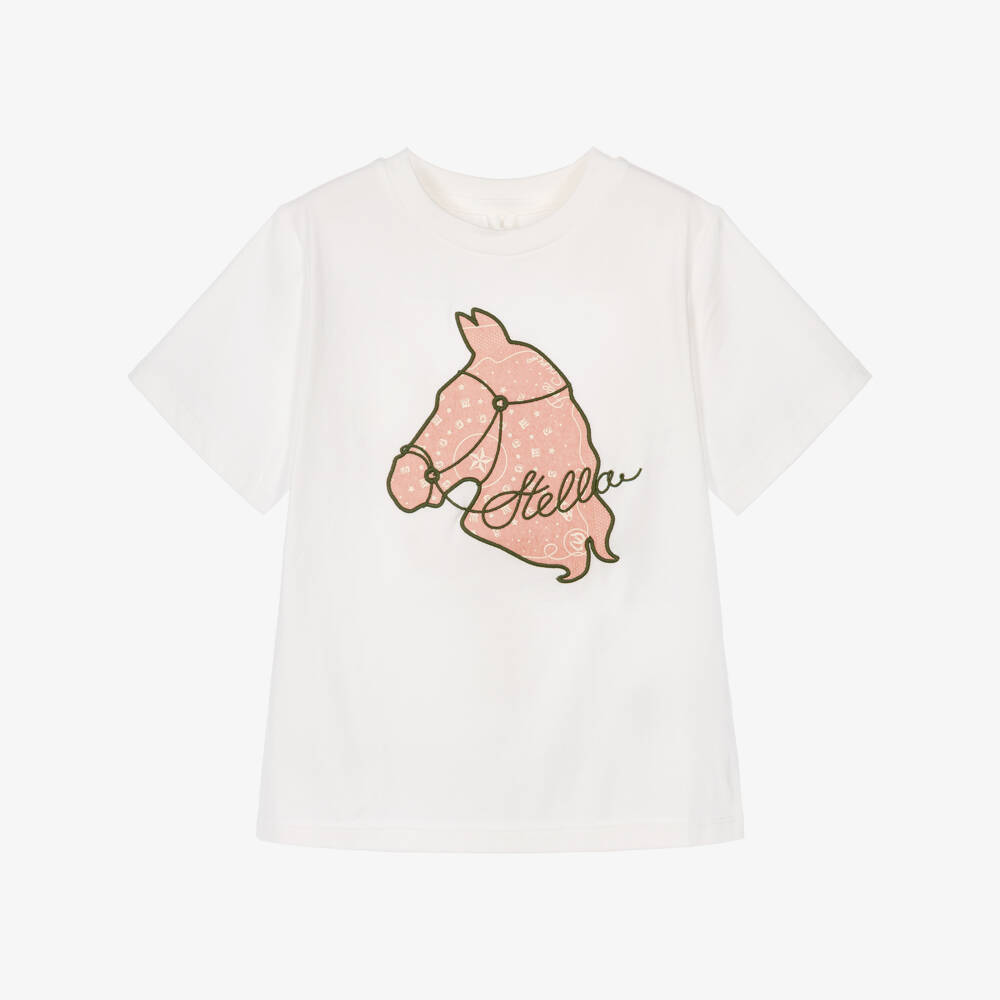 Stella McCartney Kids-Girls White Cotton T-Shirt with Pink Horse Motif | Childrensalon